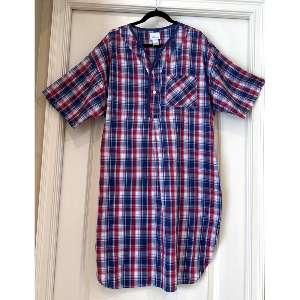 Vermont Country Store Men's Cotton Blend Blue Plaid Nightshirt Sz M Cottagecore